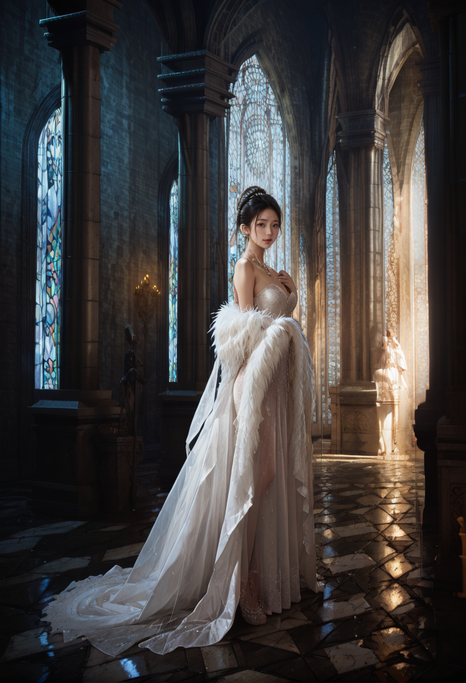 ,ruanyi0842,
,ruanyi0836,white dress,wedding dress,see-through,shawl,feather boa,<lora:0842 church_v1_pony:1>,<lora:0836 fishtail luxury wedding dress_v1_pony:0.7>, score_9,score_8_up,score_7_up,,8k,1girl,solo,,
