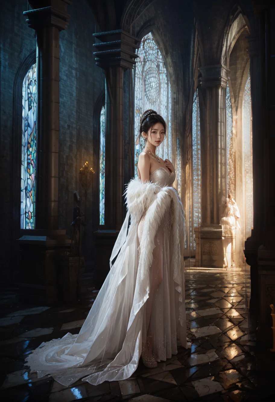 ,ruanyi0842,
,ruanyi0836,white dress,wedding dress,see-through,shawl,feather boa,<lora:0842 church_v1_pony:1>,<lora:0836 fishtail luxury wedding dress_v1_pony:0.7>, score_9,score_8_up,score_7_up,,8k,1girl,solo,,