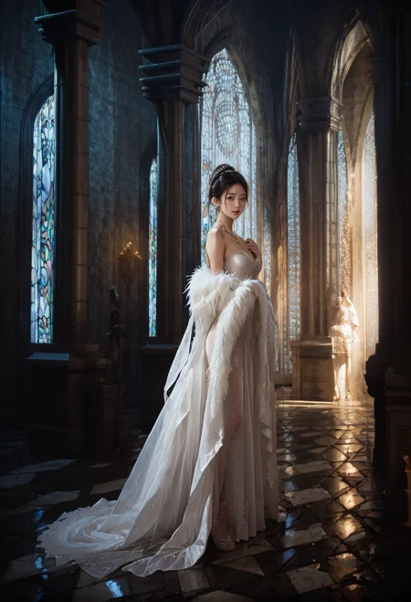 ,ruanyi0842,
,ruanyi0836,white dress,wedding dress,see-through,shawl,feather boa,<lora:0842 church_v1_pony:1>,<lora:0836 fishtail luxury wedding dress_v1_pony:0.7>, score_9,score_8_up,score_7_up,,8k,1girl,solo,,