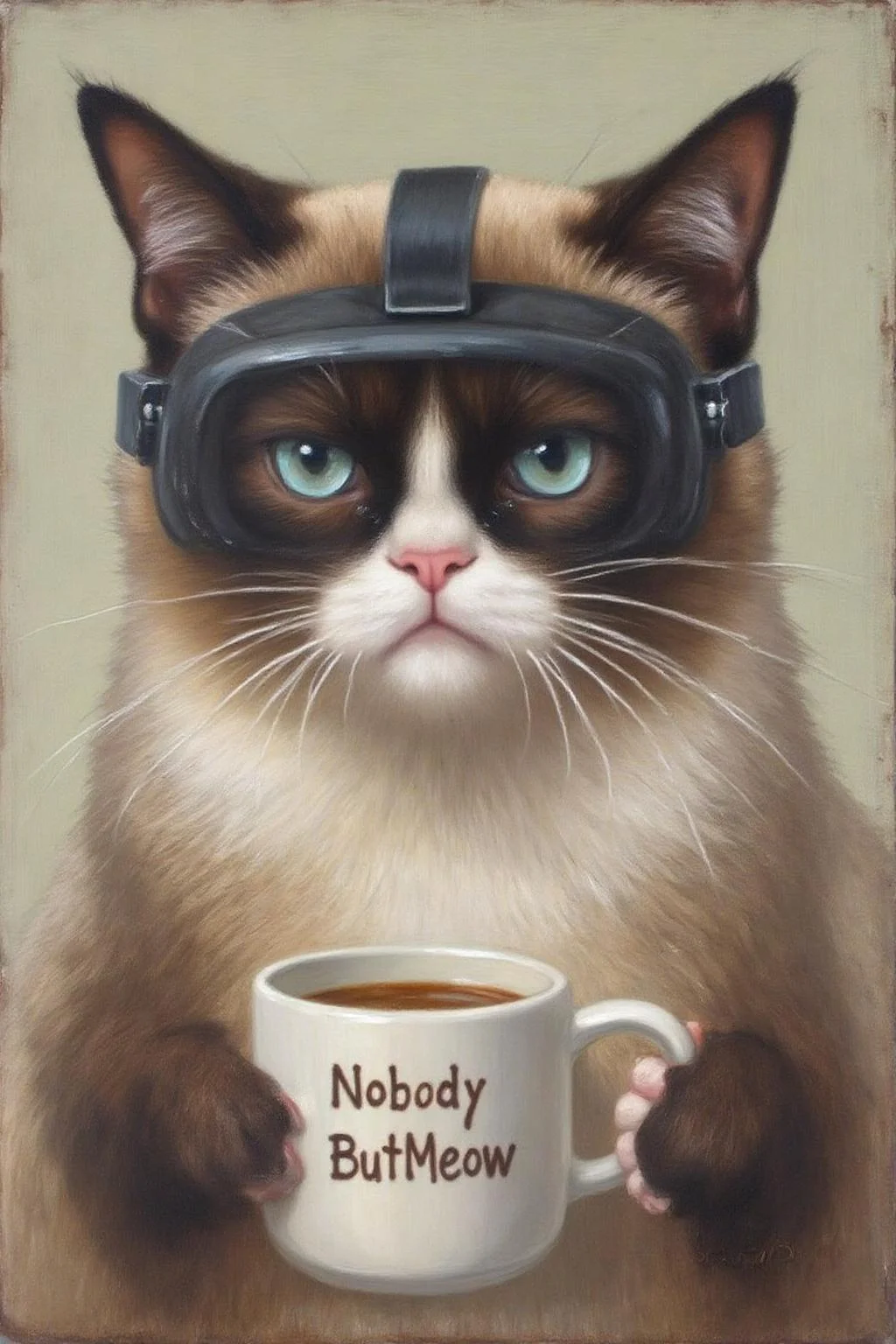 frankowensalisbury1 painting.
Grumpy Cat wearing a VR Headset, holding a coffee mug. The mug has the phrase "NobodyButMeow" printed <lora:frankowensalisbury1_cap_d8a4:1.0><lora:863252196567840486:0>