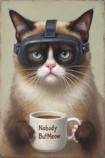 frankowensalisbury1 painting.
Grumpy Cat wearing a VR Headset, holding a coffee mug. The mug has the phrase "NobodyButMeow" printed <lora:frankowensalisbury1_cap_d8a4:1.0><lora:863252196567840486:0>