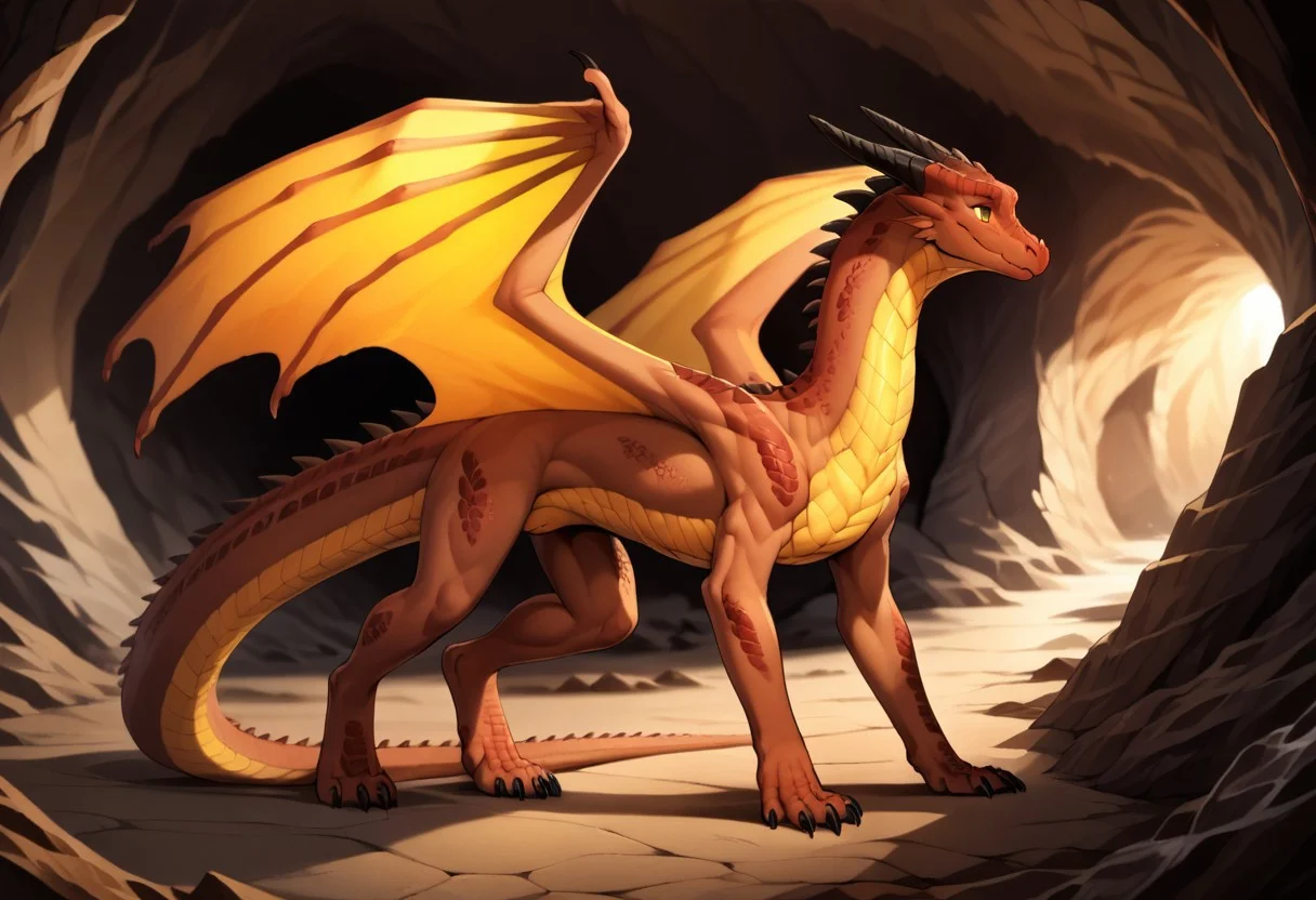 Score_9, score_8_up, score_7_up, score_6_up, score_5_ Feral dragon, realistic, female dragon, detailed scales, detailed belly scales, brown dragon, brown scales, yellow eyes (best possible eyes), female, tail, black horns, black claws, spikes, naked, cute, cute face, athletic body, tall, svelte body, indoors, rocky cave, puffy pussy, swolen pussy, cute, innocent, friendly, jovial, welcoming smile, very large dragon, wings, majestic, walking