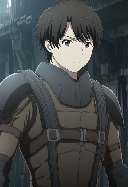 high resolution, solo, best quality, 1Boy, Inaho Kaizuka, Black Hair, Brown Eyes, dystopia, serious looking, armor, fantasy, OverallDetail