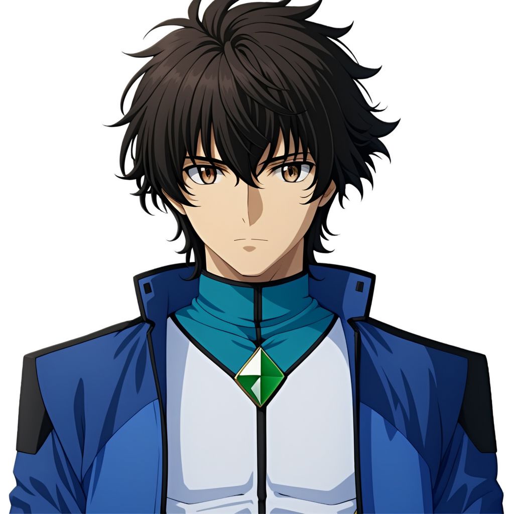 ASCIIASCIImasterpiece, best quality, soran_ibrahim, 1man, symmetric brown eyes, cbuf1, blue and white undershirt, with one green rhombus at the center, blue crop jacket, in front of a (plain white background: 1.3), 4k, 8k, intricate detail, soft warm lighting,