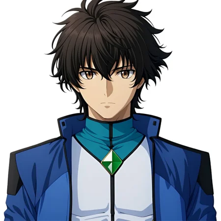 ASCIIASCIImasterpiece, best quality, soran_ibrahim, 1man, symmetric brown eyes, cbuf1, blue and white undershirt, with one green rhombus at the center, blue crop jacket, in front of a (plain white background: 1.3), 4k, 8k, intricate detail, soft warm lighting,
