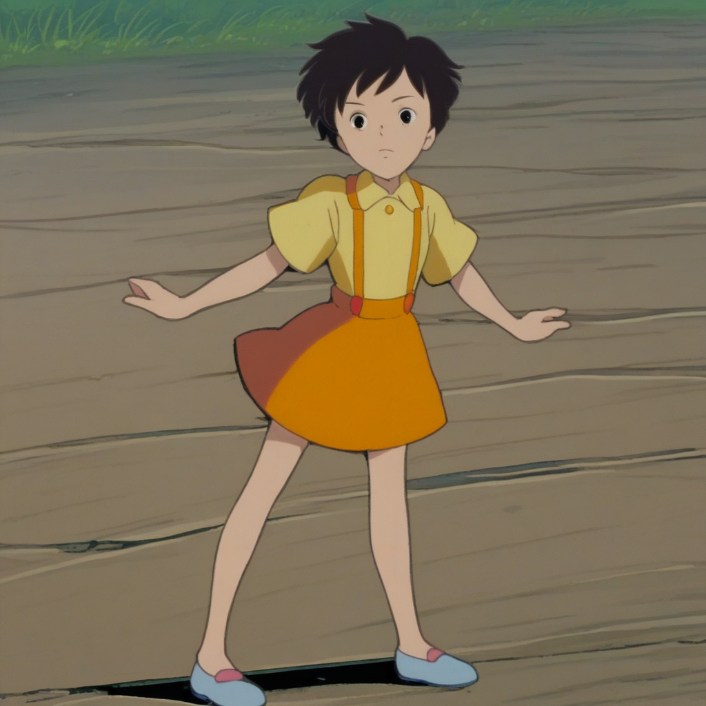 score_9, solo, Satsuki_Kusakabe, brown hair, short hair, suspenders, skirt, black eyes