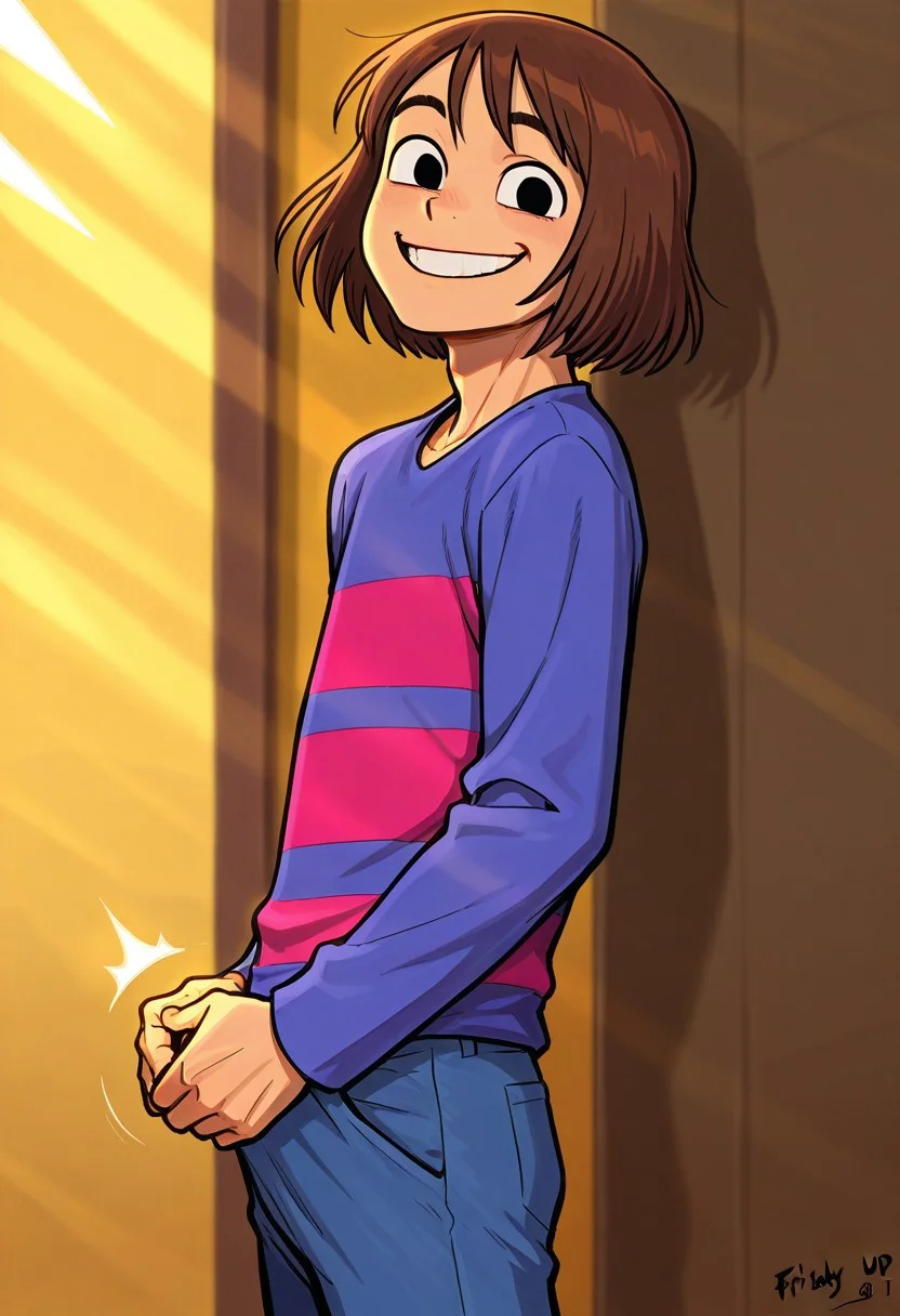 score_9, score_8_up, score_7_up, masterpiece, best quality, amazing quality, Frisky_Underhertail, 1boy, solo, brown hair, colored skin, striped shirt, blue pants, smile, upper body, looking at viewer, black eyes
