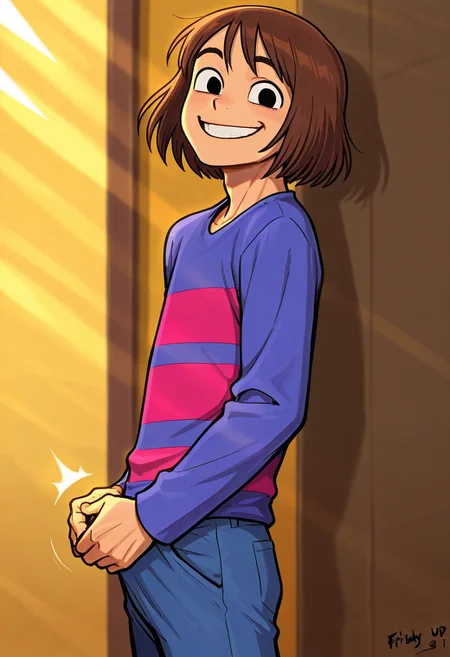 score_9, score_8_up, score_7_up, masterpiece, best quality, amazing quality, Frisky_Underhertail, 1boy, solo, brown hair, colored skin, striped shirt, blue pants, smile, upper body, looking at viewer, black eyes