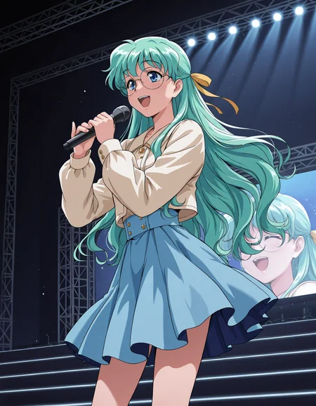 <lora:viper-f40-illustrious-000012:0.75> seera, hair ribbon, round eyewear, long sleeves, blue skirt
1girl, solo, on stage, singing, microphone, happy, stage lights, stage