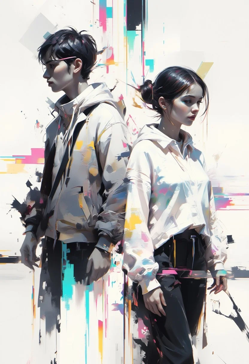 aidmaimageupgrader, male and female character framed by geometric shapes, glitchcore aesthetic, white space dominance, minimalist design, soft gradients, glowing holographic lines, fragmented glitch effects, subtle neon overlays, abstract symmetry, futuristic fashion with clean lines, muted color palette, digital distortion around edges, serene atmosphere, faded visual artifacts, worn textures, dreamlike holographic glow, delicate composition, degraded digital aesthetics, quiet focus, ethereal ambiance,pscho_4rt