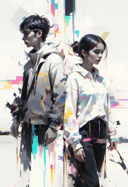 aidmaimageupgrader, male and female character framed by geometric shapes, glitchcore aesthetic, white space dominance, minimalist design, soft gradients, glowing holographic lines, fragmented glitch effects, subtle neon overlays, abstract symmetry, futuristic fashion with clean lines, muted color palette, digital distortion around edges, serene atmosphere, faded visual artifacts, worn textures, dreamlike holographic glow, delicate composition, degraded digital aesthetics, quiet focus, ethereal ambiance,pscho_4rt