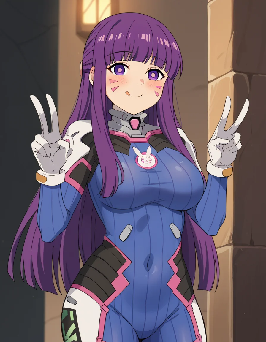 score_9, score_8_up, score_7_up, source_anime, <lora:fern-s1-v2-ponyxl-lora-nochekaiser:1>, fern, long hair, bangs, purple eyes, purple hair, sidelocks, blunt bangs, bright pupils, half updo, large breasts, anime screencap, <lora:overwatch-dva-cosplay-ponyxl-lora-nochekaiser:1>, overwatch dva cosplay, d.va (overwatch) (cosplay), bodysuit, cosplay, covered navel, skin tight, vertical-striped bodysuit, streets, smile, blush, v, v over eye, tongue out, cowboy shot, looking at viewer, , dutch angle, cowboy shot