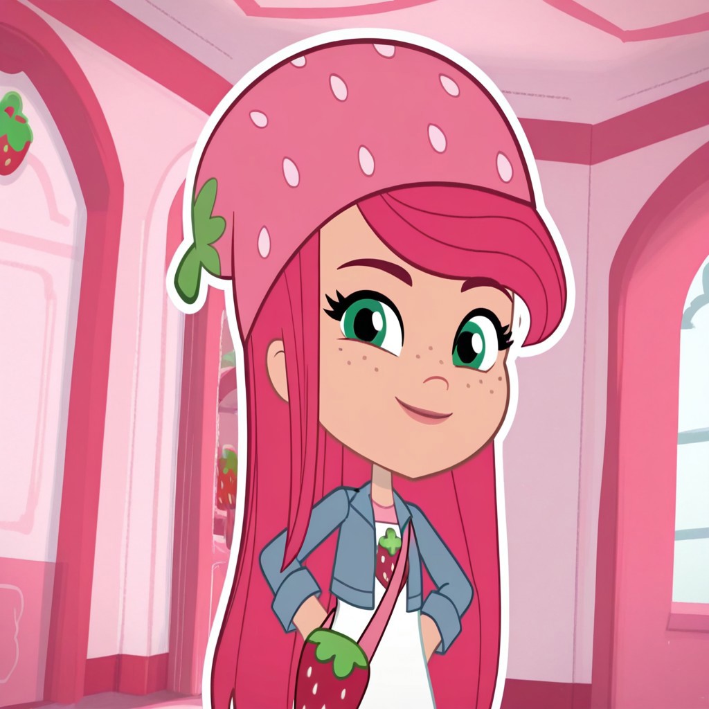 Strawberry_ShortcakeBBC, 1girl, solo, green eyes, peach skin, freckles, long hair, pink hair, strawberry-shaped beanie, white dress, pink straps, denim jacket, striped leggings, red sneakers, additionally, strawberry-shaped satchel,(light smile, dutch angle, Hands on hips,naughty pose, looking at viewer, indoors, elegant room, solo, dynamic pose, upper body, head tilt,),((white background, White frame, white outline))