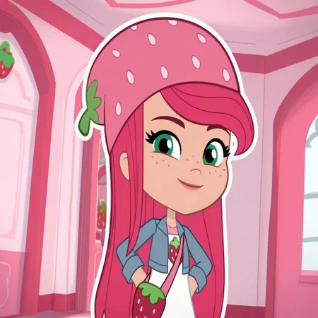 Strawberry_ShortcakeBBC, 1girl, solo, green eyes, peach skin, freckles, long hair, pink hair, strawberry-shaped beanie, white dress, pink straps, denim jacket, striped leggings, red sneakers, additionally, strawberry-shaped satchel,(light smile, dutch angle, Hands on hips,naughty pose, looking at viewer, indoors, elegant room, solo, dynamic pose, upper body, head tilt,),((white background, White frame, white outline))