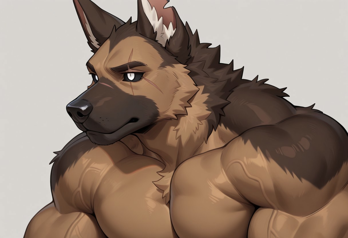 anthro, furry, 1boy, solo, german shepherd, brown body, brown fur, brown balls, black sclera, white eyes, linear scar, ear, clipped left ear, bodybuilder, biceps, muscular, muscular male, veiny, white short