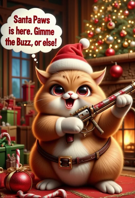 high quality, ultra detailed, A cute fat cat with a santa  hat holding a pistol made out of candy cane, menacing look pinkchibichristmas. Text bubble next to cat reads in christmas font "Santa Paws is here. Gimme the Buzz, or else!". Christmas tree in background, fireplace<lora:FLUX\Style\PinkieChibiChristmasFLUX.safetensors:1.0:1.0> <lora:FLUX\Enhancer\FluxDFaeTasticDetails.safetensors:0.7000000000000001:0.7000000000000001>