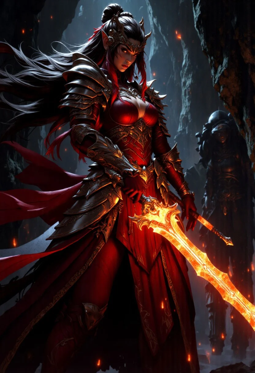 aidmaDarkfantasy, mythp0rt, Silhouette Art, breathtaking detailed, masterpiece, awe-inspiring, radiant, magnificent. (all dark hues and fine vibrant orange glowing smoldering accent and shiny silver color scheme:1.02). glossy. silhouette of stunning oriental woman, long hair, wearing red plate armour with white embellishments, helmet, holding glowing sword, in a dark cave, chiascuro, perfect hands