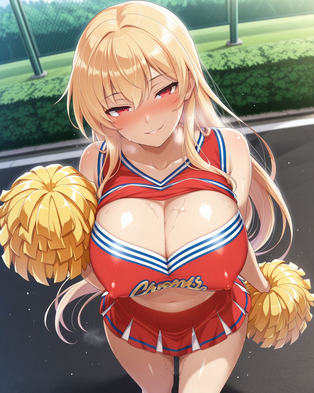 solo, standing, BREAK
1girl,big breasts,lovestruck,seductive smile,in heat,embarrassed,BREAK
blonde hair,long hair,red eyes,cheerleader,BREAK
shiny skin,erect nipples,outdoors, sweat,BREAK
masterpiece,best quality,amazing quality,explicit,<lora:隈吉NeoILL:0.75><lora:総司Ill:0.75>
