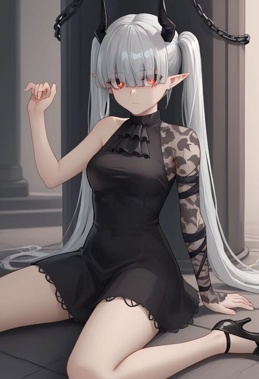 1girl, solo, tehepero, dojikko pose, chained_sarkaz_girl, black dress, single leg pantyhose, asymmetrical clothes, patterned clothes, single sleeve, black sock, kneehigh, black footwear, high heels, black ascot, hair over eyes, eyes visible through hair, demon horns, blunt bangs, red eyes, pointy ears, pale skin, white hair, grey hair, twintails