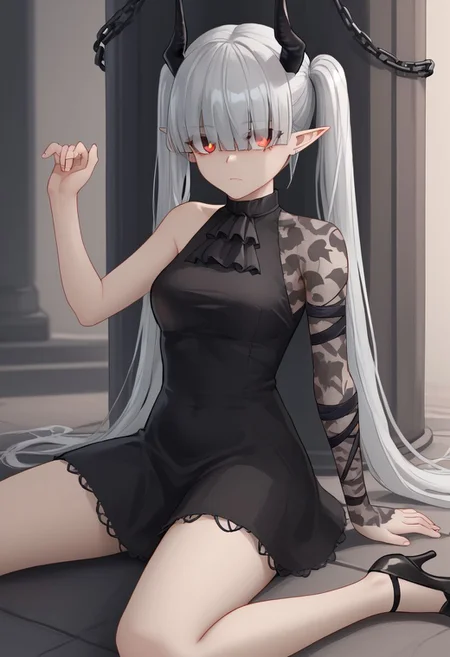 1girl, solo, tehepero, dojikko pose, chained_sarkaz_girl, black dress, single leg pantyhose, asymmetrical clothes, patterned clothes, single sleeve, black sock, kneehigh, black footwear, high heels, black ascot, hair over eyes, eyes visible through hair, demon horns, blunt bangs, red eyes, pointy ears, pale skin, white hair, grey hair, twintails