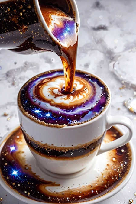 no humans, close-up , Galaxy coffee flow into a white cup,
Professional item close-up,dof,
dreamart,gl1tt3r, glitter, blurry,
<lora:sdxl_lightning_8step_lora:1>
<lora:fractal-art.v1:0.5>
<lora:gl1tt3rSDXL:0.5>
<lora:DreamARTSDXL:0.5>
<lora:galaxyXL:1>