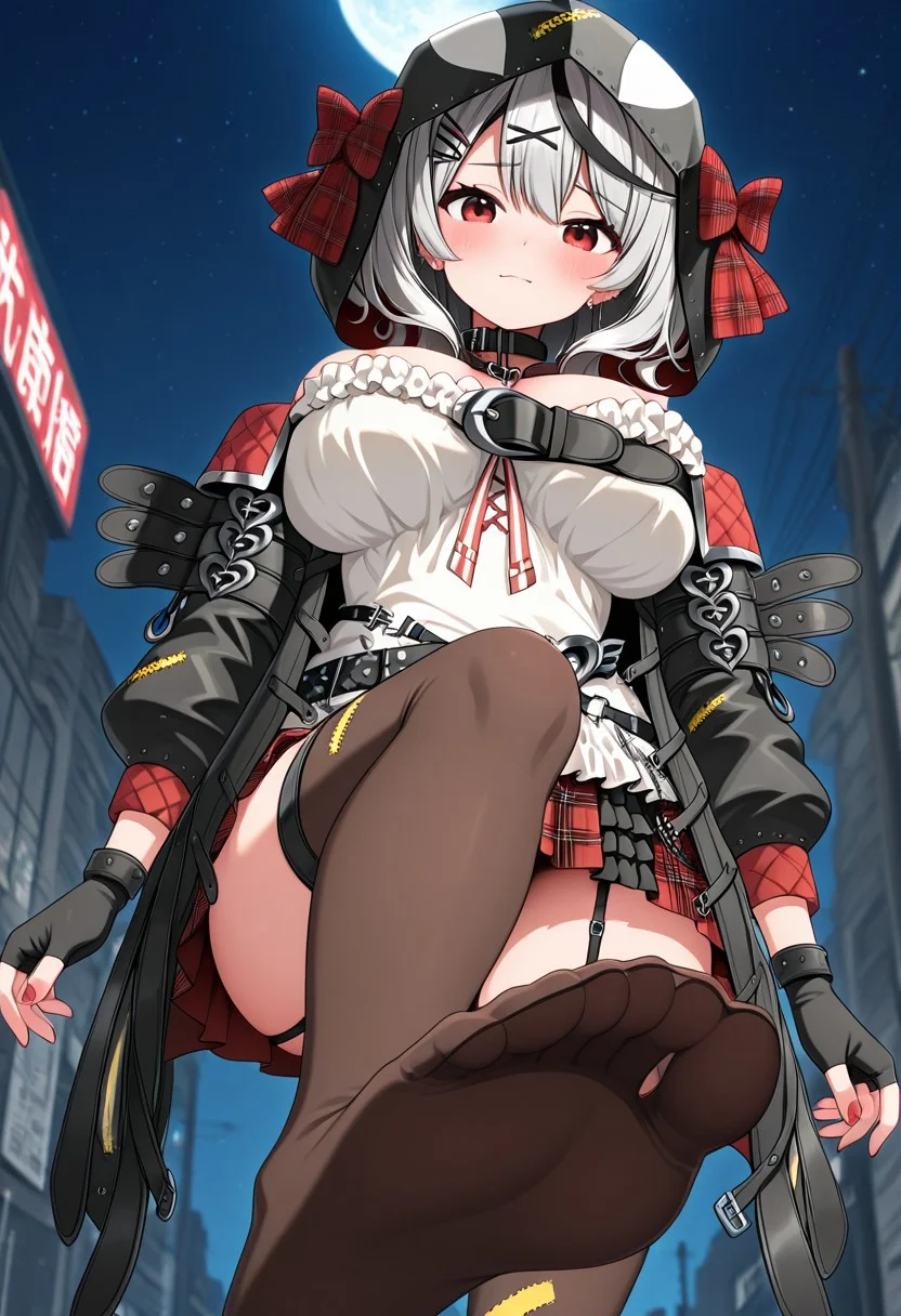 2d,
masterpiece,best quality, amazing quality, high quality,
newest, absurdres, highres, very aesthetic,
official anime artwork, , anime screencap, anime coloring,
amazing detail, intricate detail,
smooth light,
skmtdef, sakamata chloe, 1girl, solo,
grey hair, streaked hair, multicolored hair, red eyes, medium hair, hair ornament, black jacket, quilted, off-shoulder jacket, orca hood, animal collar, white camisole, frilled camisole, chest belt, miniskirt, plaid skirt, fingerless gloves, o-ring legwear garter, garter strap,
brown thighhighs, torn thighhighs,
huge breasts,
outdoors, city street, night, moon, star,
from below, foot focus,
looking at viewer,
