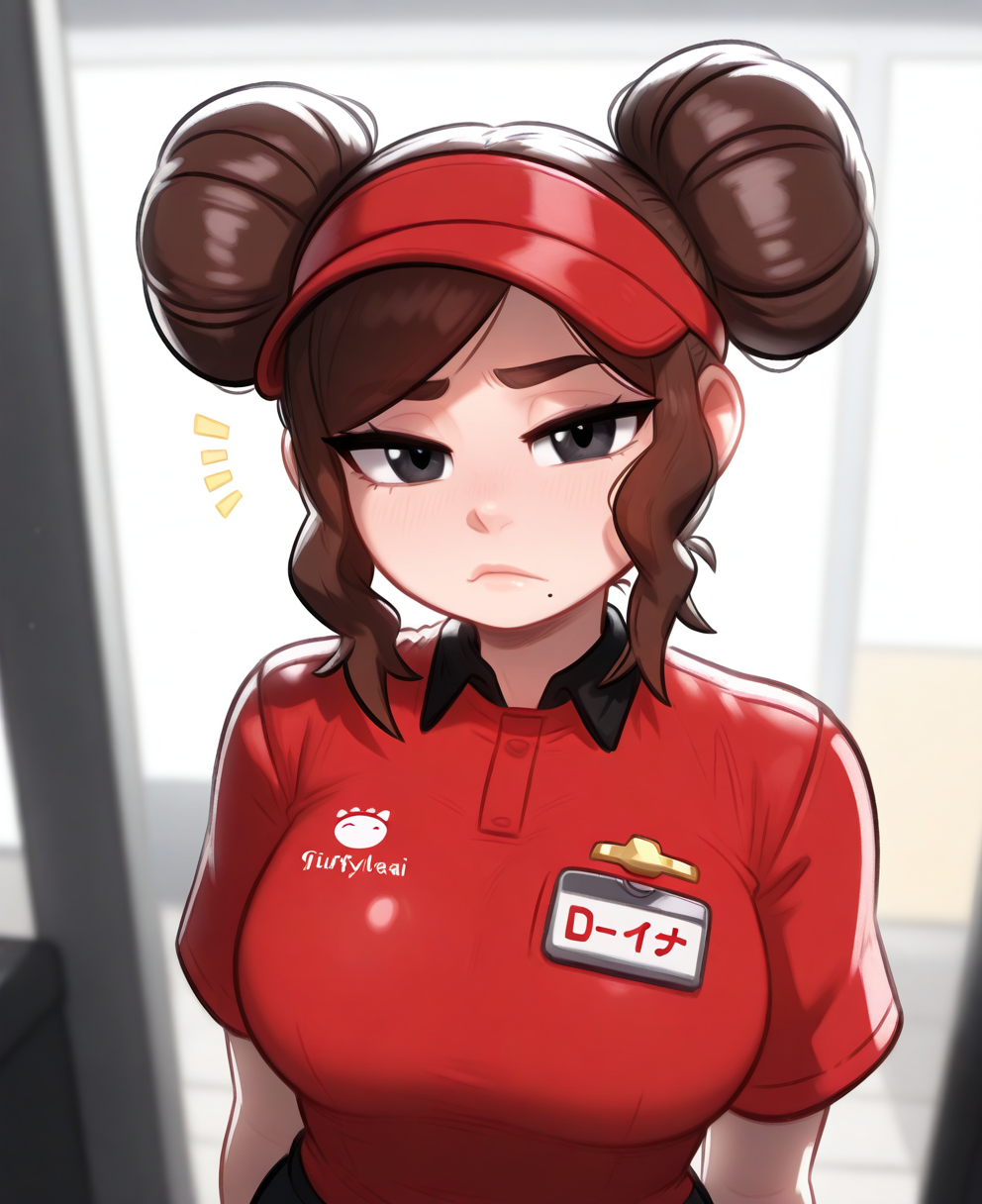 <lora:fluffy:1> fluffylewdsai,,
(masterpiece), (best quality), (ultra-detailed), amazing quality, very aesthetic, illustration, perfect composition, intricate details, absurdres, incredibly absurdres, shiny skin, realistic,
 <lora:boss:1>, boss_(gats), hair bun, double bun, mole under mouth, visor cap,brown hair, employee uniform,  black eyes, red_shirt, looking at viewer,