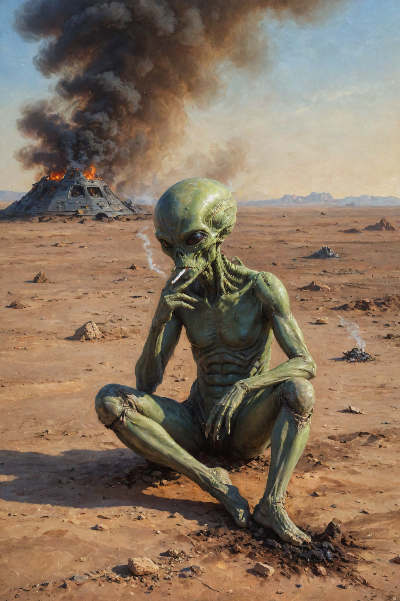 Sad alien smokes, sitting on a ground, An alien ship crashed into the ground, desert, (fire:0.2),
(oil painting:0.1),
<lora:ClassipeintXL1.9:0.6>