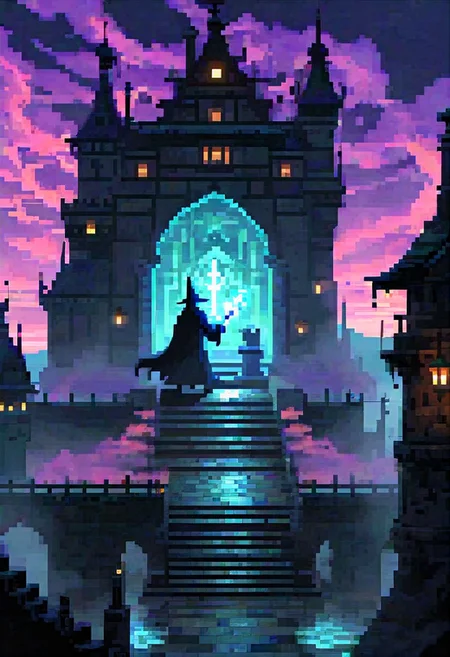 pixel-art. houtline, digital_art, (Best quality), standing, building,  hat, pillar, from_behind, a wizard  fighting a legendary chess boss, glowing, cape, fog, silhouette, full_body, outdoors, long_hair, night, 1boy, sky, (scenery),  holding_weapon, stairs, (monster), battle, facing_away, (boss_fight:1.2), cloak, hood, long_sleeves, arch, witch_hat, lamppost, ruins, gloves, sitting, science_fiction, dark, light, reflection, full_moon, floating, witch, bridge, hitodama, holding_sword, legendary_monster, coat, night_sky, (dutch_angle), (size_difference:1.4), street_view, street, glowing_eyes, light_rays, rain, motion_blur, motion_lines,  from_side, chess_(theme), tower_(theme), global illumination, radiant, chess, queen_chess_piece, Piece_monster, , boots, short_hair, railing, sign, ghost, crystal, wide_sleeves, pants, lights, skyscraper, red_eyes, walking, cloud, hooded_cloak, epic, staff, (statue), riding, creature, legs_apart, full_armor, castle, purple_lights, smoke, purple smoke, Aqua_(theme)