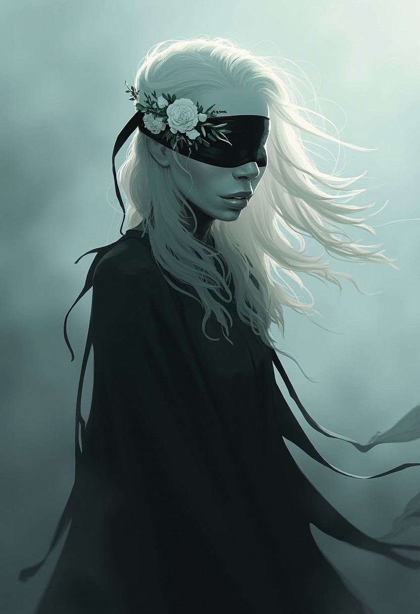 A mysterious figure stands (shrouded in mist), her silver-white hair (billowing like wisps of smoke) in the wind. Her eyes are concealed by a (delicate black blindfold), adding to her ethereal, enigmatic presence. (Pale flowers) adorn her hair, [softly glowing], contrasting against the (dark, flowing ribbons) that wrap around her form. The [background fades into a blur of swirling shadows], creating a sense of motion and isolation, as if she is caught between realms. The overall atmosphere is one of (melancholy beauty), with subtle hints of (forgotten power) and (silent sorrow).