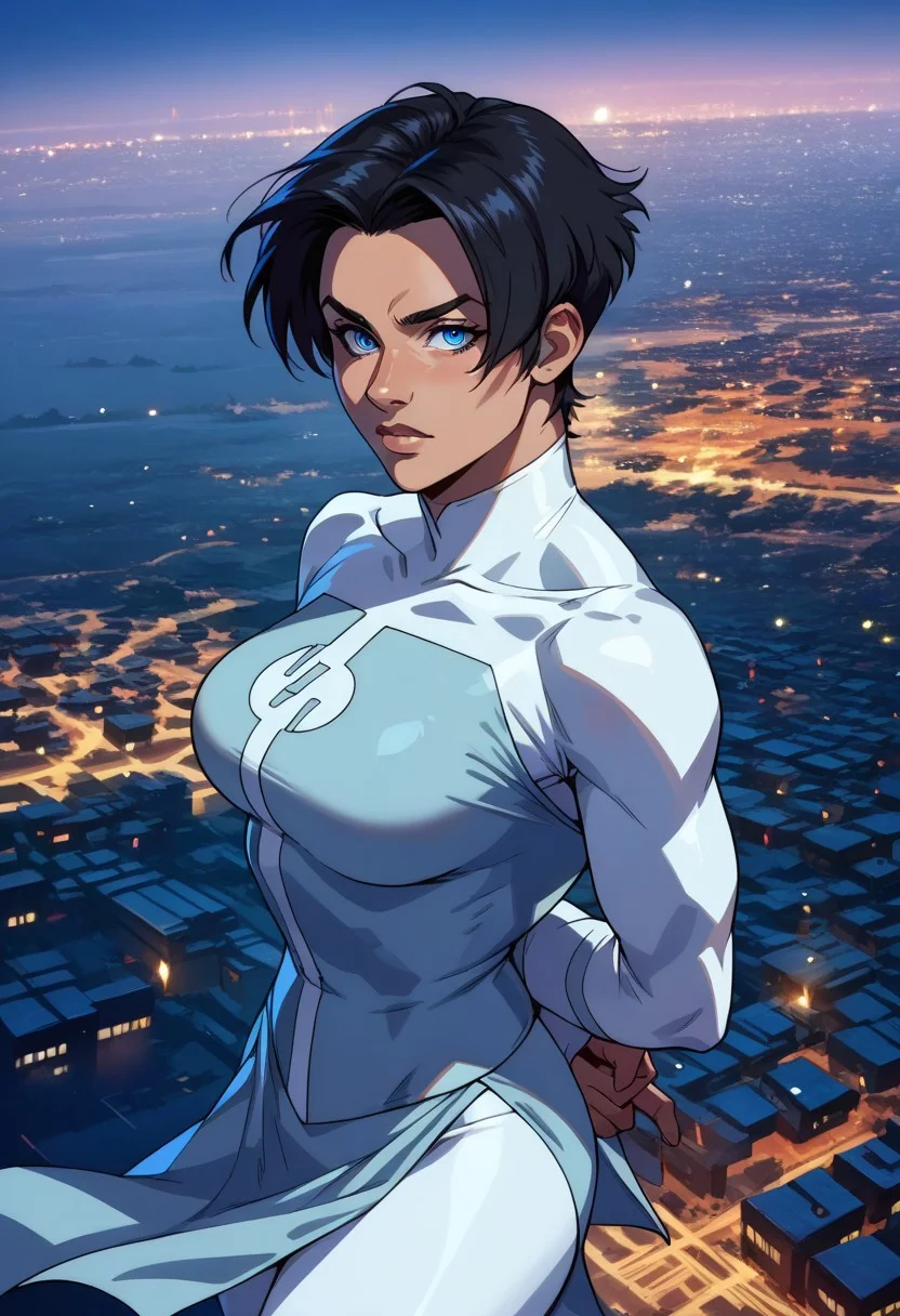 score_9, score_8_up, score_7_up, source_realistic, BREAK, solo, anissaxl,black hair,blue eyes,short hair,
white bodysuit,pelvic curtain,tight pants,
arms behind back,in air,looking at viewer,
night city,