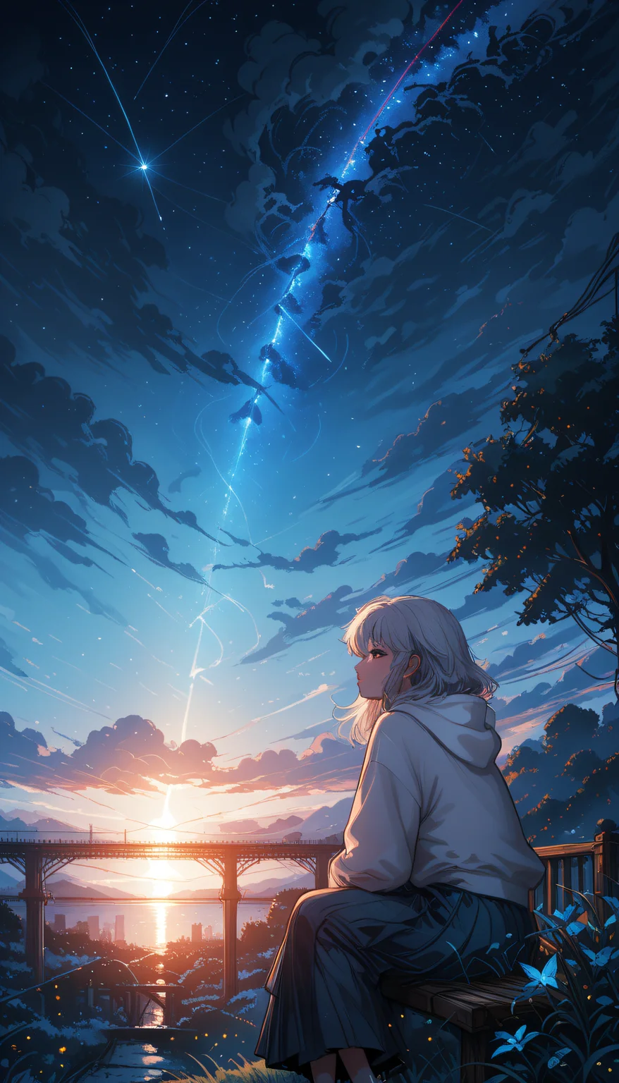 masterpiece,
perfect eyes, vivid colors, vibrant colors,
pinkretroanime, retro art, (lineless:1.5), smooth edges,
, The image depicts a tranquil night scene featuring a young woman seated on a wooden bench against the backdrop of a cityscape at dusk. She is dressed in casual attire, with her long, wavy silver hair cascading down her shoulders. Her eyes are closed, suggesting she might be deep in thought or simply enjoying the serene environment. The sky above her is a dark canvas with stars scattered across it, indicating a clear night. The city behind her appears to be a modern urban setting with high-rise buildings and streetlights. The bridge crossing over the buildings adds depth to the perspective. A large nebula or galaxy can be seen in the background on the right side of the image, adding an element of wonder and science fiction to the scene. The lighting is soft and ambient, creating a peaceful atmosphere. There are no harsh shadows visible, indicating that the light source is diffused and not directly shining on her. The colors in the image are predominantly cool tones of blues, purples, and blacks, which contrast with the warm glow from the streetlights. The background has more vibrant colors due to the nebula's natural luminosity, with hues of pinks, oranges, and yellows emanating from it. The trees in the foreground have dark green leaves, providing a natural touch to this urban setting. The overall mood of the image is one of contemplation and tranquility., 1girl, solo, long hair, blush, short hair, bangs, skirt, red eyes, long sleeves, brown eyes, sitting, closed mouth, jacket, flower, white hair, grey hair, sidelocks, pleated skirt, outdoors, parted lips, sky, cloud, hood, black skirt, medium hair, water, bag, from behind, star \(symbol\), from side, tree, blue skirt, looking to the side, dutch angle, hoodie, profile, night, glowing, looking away, white jacket, hood down, cloudy sky, grass, bug, looking up, plant, building, butterfly, star \(sky\), night sky, scenery, hooded jacket, light particles, lens flare, starry sky, blue flower, sunset, long skirt, blue theme, city, grey jacket, railing, horizon, cityscape, looking afar, ruins, wide shot, bridge, power lines, lamppost, white hoodie, river, twilight, skyscraper, utility pole, evening, blue butterfly, mountainous horizon, grey hoodie, train, gradient sky, shooting star, orange sky, city lights, dusk, sunrise, skyline, post-apocalypse