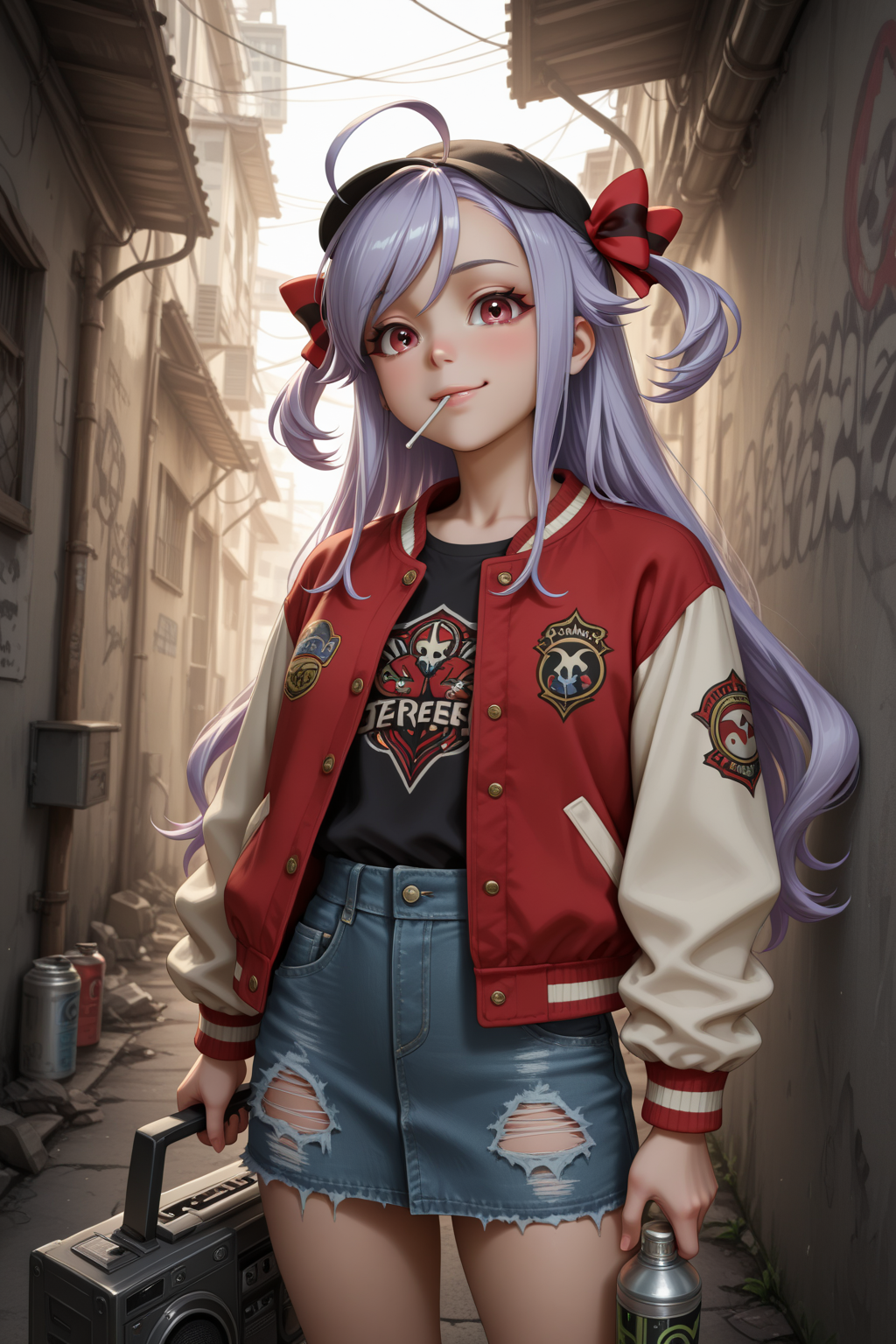 masterpiece, best quality, amazing quality, 1girl, solo, makeup, perspective, general, looking at viewer, cowboy shot, confident smile, blush, (holding boombox), punk, day, thug clothes, torn clothes, torn denim skirt, baseball cap, sunglasses, varsity jacket, lollipop on mouth, outdoors, slums, graffiti, spray can, <lora:Niizuma_Yae_SIRIUS:1>, Niizuma_Yae_SIRIUS, long hair, red eyes, hair bow, red ribbon, purple hair, two side up, ahoge, sidelocks, swept bangs, <lora:wai-2Rectified-V140:1>, <lora:illustrious_noobai_epsilon_pred_1_masterpieces_v1:1>