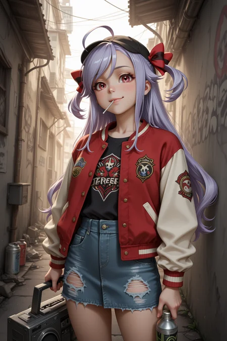 masterpiece, best quality, amazing quality, 1girl, solo, makeup, perspective, general, looking at viewer, cowboy shot, confident smile, blush, (holding boombox), punk, day, thug clothes, torn clothes, torn denim skirt, baseball cap, sunglasses, varsity jacket, lollipop on mouth, outdoors, slums, graffiti, spray can, <lora:Niizuma_Yae_SIRIUS:1>, Niizuma_Yae_SIRIUS, long hair, red eyes, hair bow, red ribbon, purple hair, two side up, ahoge, sidelocks, swept bangs, <lora:wai-2Rectified-V140:1>, <lora:illustrious_noobai_epsilon_pred_1_masterpieces_v1:1>