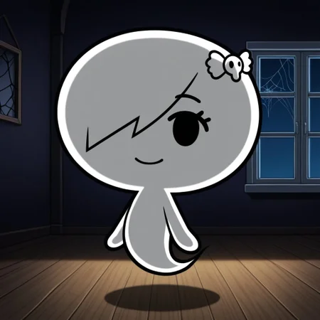 score_9, score_8_up, score_7_up, beautiful, high quality, highres, masterpiece, western cartoon, cartoon, best quality, black outline, thick outline, BREAK, solo, 1girl, full body, CarrieK, chibi, short, shortstack, white skin, ghost, ghost girl, ghost tail, black eyes, hair over one eye, smile, closed mouth, arms at sides, looking at viewer, floating, floating in air, flying, floating above ground, BREAK, detailed background, detailed environment, indoors, haunted house, cobwebs, window, night, purple walls, wooden floor,