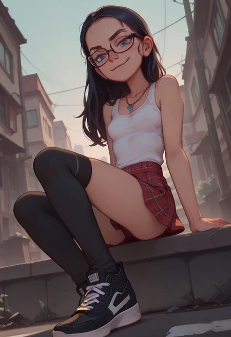 1girl, asian girl ((slim body)), (small breasts), Dynamic angle, Dynamic pose, NSFW, athletic sneakers, plaid skirt, black knee high socks, necklaces, blue eyes, dark hair, long hair, sitting, from below, outdoors, street, white tank top, smirk, glasses, looking at viewer, feas0n