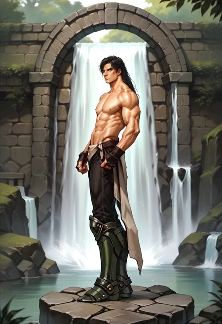 safe_pos, score_9, score_8_up, score_7_up, stone bridge, waterfall, hugbaldw, (toned male:2), shirtless, long black hair, (dark green greaves:1.6), black pants, black fingerless gloves, long legs, slender legs, arms at sides, fists, standing pose, serious expression