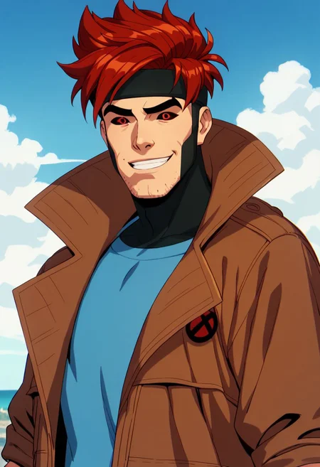 xmen97 style, 1boy, solo, male focus, animification, red eyes, facial hair, red hair, colored sclera, black sclera, stubble, sky, smile, headband, cloud, thick eyebrows, jacket, brown jacket, blue shirt, blue sky, day, anime coloring, flat color, cel shading, cel shaded, 2d, PonyXLV6_Scores zPDXL