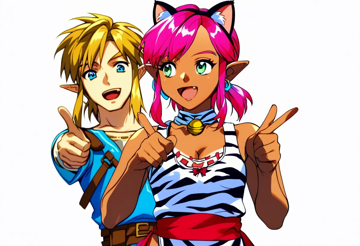 score_9, score_8_up, score_7_up, score_6_up, Masterpiece, source_anime screenshot, duo, 1 girl, 1 boy, vivid colors, full color, shiny and glossy, anime style, high-res, beautiful aesthetic, very intricate, high-quality details, vibrant, highly detailed, award-winning, professional, <lora:pink-ponyxl-v2:1>, 1 girl, single fang showing, sleeveless dress, white tiger print dress, pelvic curtain, cleavage, white cat ears, cat bell necklace, bright pink hair, tanned, white tiger tail, red sash, small breasts, leather shoes, detailed eyes, green eyes, detailed face, break, <lora:link:1> 1boy, link1, link, pointy ears, blonde hair, blue eyes, medium hair, side locks, earrings, short ponytail, blue hylian tunic, break, pink and link turning away from viewer, looking away from viewer, pointing and laughing at something behind them, mocking laughter, blank white background, zoom out, pink and link backs to the viewer