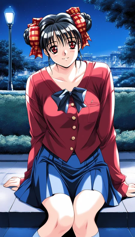 score_9, score_8_up, score_7_up, source_anime, rating_explicit, BREAK  <lora:Narusawa_Yui_XL:1> NarusawaYui, black hair, double bun, hair ribbon, plaid ribbon, medium breasts, red eyes, 
1girl, solo, skirt, sitting, ribbon, long sleeves,  plaid, 1990s (style)
night, park,