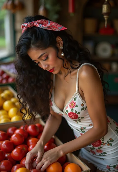 award wining professional erotic artistic boudoir photography, a masterpiece In a beautiful and pohotgraphic market rionalela bella fruttivendola Fantin long black curly hair gathered with a colorful handkerchief pearl earrings red eyes green lips fleshy and red wears a tight and very short and scollato white dress with a floral texture red garter, Lacquered shoes red. She is bent down to pick up a heavy fruit box showing her perfect ass Extreme back bent over