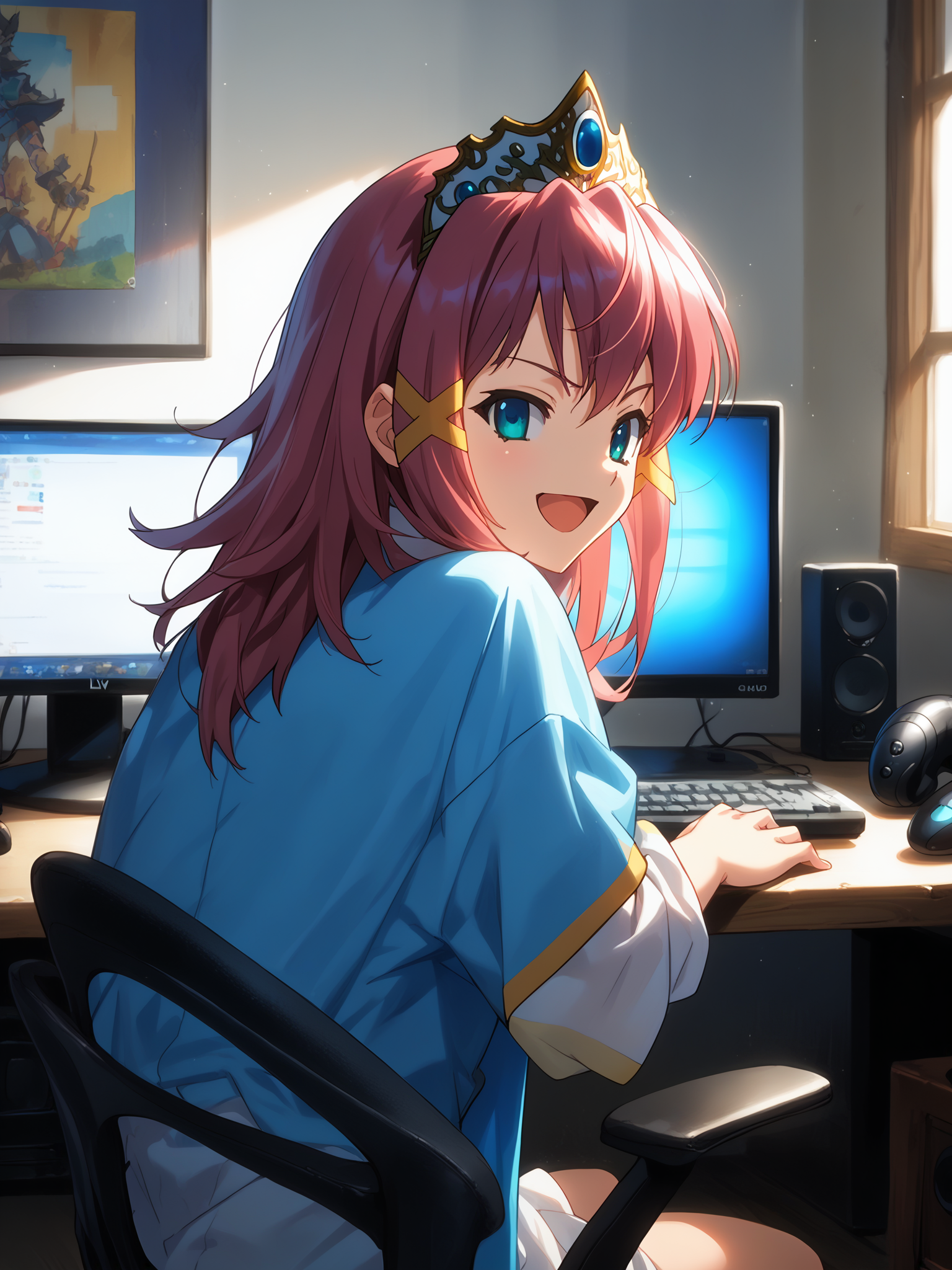 (cowboy shot, solo focus:1.2) <lora:happy_tentacle-asuka-v0.1-000035:1>, ht_asuka, wizard, tiara (petite:1.2), <lora:Shed_The_Skin's StS_age_slider_v1_initial_release:-1.25> ( :1.1) ( (head back :0.8) , , ( :1.2) , crazy smile , looking back :1.2) , indoors, ((day :0.6), (blue sky:0.6) :0.8), (open window :0.9), (furniture:0.9), , , , , (east asian architecture :0.9), desk, computer, (multiple monitors, webcam, video call:1.1), gaming chair, playing games, (studio lights:1.1), (livestream, chat log:1.1), rgb lights, ((from behind :1) :0.8) score_9, score_8_up, score_7_up, score_6_up, score_5_up, score_4_up, ( [(realistic, photorealistic:1.3):(realistic:1.2):16] [(3d:1.2)::14] :1) <lora:LUUNA's Lunas-NijiJourney-SDXL-B2:0.35>, nijijourney <lora:prgfrg23's Counterfeit-V3.0 Style SDXL_LoRA_Pony Diffusion V6 XL:0.5> <lora:mfcg's mfcgXL:0.12> <lora:reweik's gyokai(himehajime)_PonyXL_style_v01:0.14>