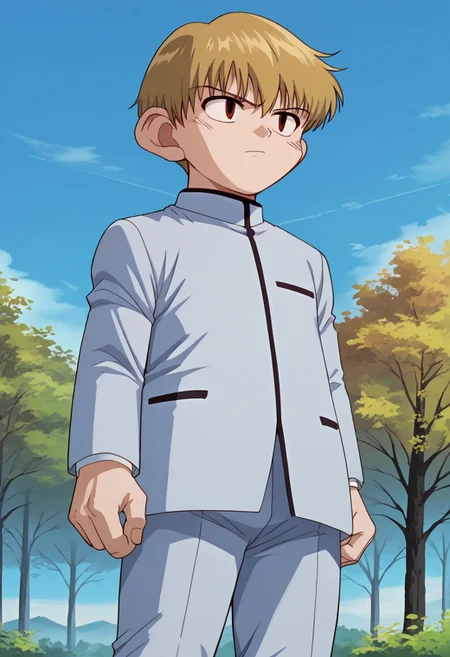 score_9, score_7_up, source_anime 
okita, 1boy, male focus, solo, red eyes, blonde hair, short hair, school uniform, jacket, grey jacket, long sleeves, pants, grey pants,
outdoor, sky, tree