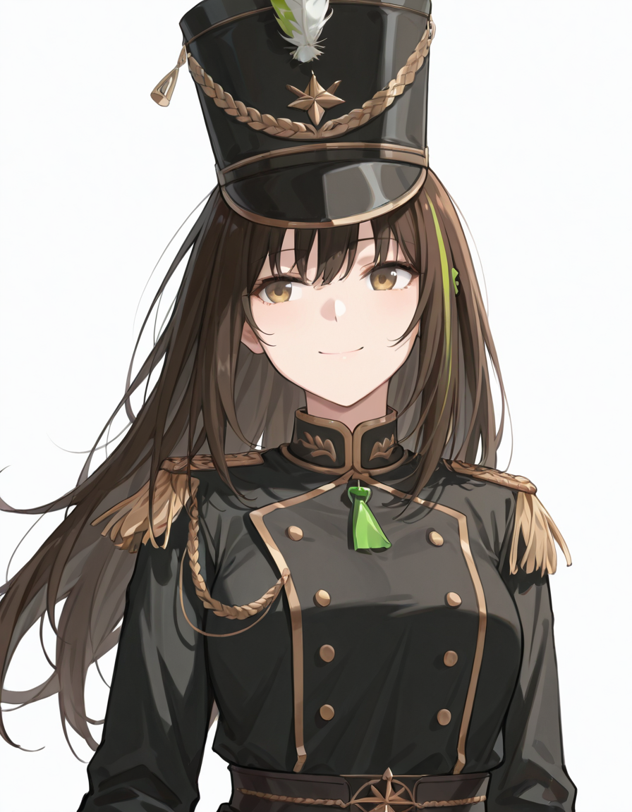 Volumetric Lighting, (masterpiece), (best quality), (ultra-detailed), masterpiece, source_anime, score_9, score_8_up, score_7_up BREAK, illustration, disheveled hair, detailed eyes, perfect composition, moist skin, intricate details BREAK, M4A1, long hair, black hair, streaked hair, green hair, golden eyes BREAK, M4orchest, ocs_shako_cap, ocs_epaulettes, ocs_band_uniform, ocs_hat_feather BREAK, ((white background)), smile,upper body, face focused