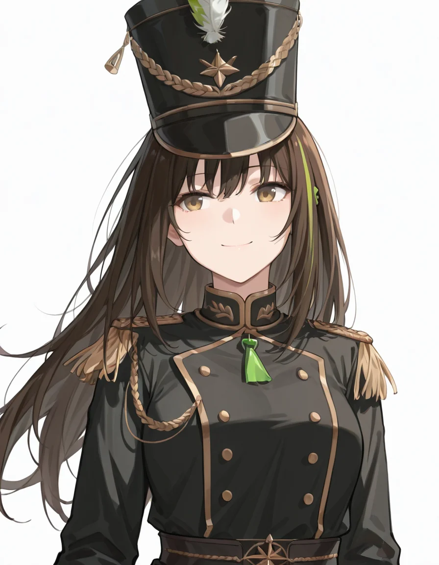 Volumetric Lighting, (masterpiece), (best quality), (ultra-detailed), masterpiece, source_anime, score_9, score_8_up, score_7_up BREAK, illustration, disheveled hair, detailed eyes, perfect composition, moist skin, intricate details BREAK, M4A1, long hair, black hair, streaked hair, green hair, golden eyes BREAK, M4orchest, ocs_shako_cap, ocs_epaulettes, ocs_band_uniform, ocs_hat_feather BREAK, ((white background)), smile,upper body, face focused