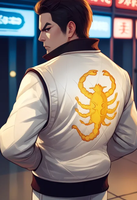 score_9, score_8_up, score_7_up, source_anime BREAK <lora:drivejacket-outfit-richy-v1_pdxl:1> print jacket, white jacket, from side, from behind, 1boy, solo, standing, <lora:kiryukazuma-guy-PONYv1:0.8> kiryukazuma, v-shaped eyebrows