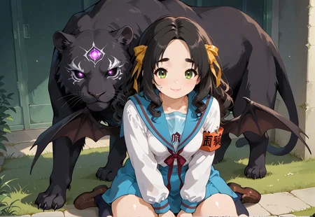 IllusP0s, PonyScores7, source_anime, ah1, IllustriousQual, interesting, exciting, spectacular, wonderful, 
BREAK <lora:xl_more_art-full_v1:0.2>, <lora:aesthetic_anime_v1s:0.2>, <lora:EpicF4nta5yXL:0.2>, <lora:detailxl:0.2>, detailxl, <lora:Fant5yP0ny:0.2>, amazing quality, best aesthetic, absurdres, illustration, Volumetric_Lighting, ultra-detailed, very aesthetic, intricate details, best_quality
BREAK ((sitting wariza)),
BREAK Stable_Yogis_PDXL_Positives, AS-Adult, <lora:Complicated fantasy portrait - XL Pony V2.0:0.2>, bad-hands-5, <lora:HDA_Detailer:0.3>, <lora:natsumi_style:0.5>, <lora:by_usakun-pony:0.4>, by usakun, <lora:Akina_Bbw_Style_-_PonyXL:0.2>, AkinBw, ((trim marks)),
BREAK 1girl, mature female, (curvy), round-chin, caucasian, <lora:ETO_OC_Illustrius:0.5>, eto_oc, skindentation, (plump), thick thighs, wide hips, busty, voluptuous, <lora:venus body PonyXL:0.3>, <lora:shinyskin2:0.2>, glistening skin, HDA_FatGirlXL, 
BREAK ((<lora:haruhi-suzumiya-cosplay-ponyxl-lora-nochekaiser:0.8>, haruhisuzumiyacosplay, suzumiya haruhi \(cosplay\), skirt, long sleeves, school uniform, serafuku, sailor collar, blue skirt, blue sailor collar, winter uniform, kita high school uniform)),
BREAK (curly hair), long hair, (black hair:1.4), (parted hair:1.7), messy hair, kinky curls, <lora:hairdetailpxl:0.2>, hairdetailpxl,
BREAK (half green and brown eyes), (colorful eyes), (multicolored eyes), (downturned eyes:1.4), <lora:expressive eyes:0.2>, expressive eyes, <lora:eyedetailpxl:0.2>, eyedetailpxl, <lora:Eyes_High_Definition:0.2>, EyesHD, (round face:1.2), (thick eyebrows:1.3), (plump face), <lora:Round_face:0.2>, lips, 
BREAK ((intrigued Desire expression, Soft gaze, slight smile, raised eyebrows expression)), <lora:Expressive_H:0.2>, Expressiveh, <lora:Emotional_Anime_Expressions_PonyXL_Concept:0.2>, emotional, <lora:Best_Facial_Expression_LoRA_PONY:0.2>, looking at viewer, <lora:Detailed expressive EXEV style -XL Pony V1.0:0.2>, FaceDetail,
BREAK (((A monstrous fey with the body of a panther and the wings of a bat stalks through the night, its eyes glowing with a malevolent light as it hunts with silent, deadly precision))), <lora:Background Detailer - SDXL:0.8>, 4k, 8k, Ultra HD, Masterpiece, Best quality, Detailed background, <lora:Add_more_details_V2_XLpony:0.4> full_details,
