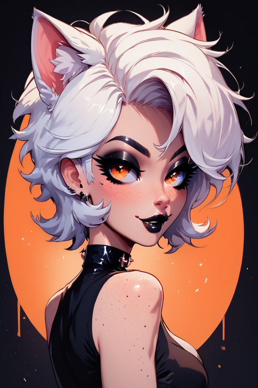 score_9, score_8_up, score_8, medium breasts, (curvy), cute, eyelashes,       BREAK, , BREAK, black background, 1girl, solo, looking at viewer, short hair, black hair, crop top, cat ears, busty, animal ears, sleeveless, strapless, orange eyes, upper body, makeup, choker, lipstick, eyeshadow, orange background, black lips,  <lora:KuroCAT_Style:1.0>,,   ,<lora:ElfFio_PDXL:1>, , BREAK,  smile, looking at viewer, cowboy shot,  embedding:zPDXL, Expressiveh, <lora:SDXLFaeTastic2400:0.5>,  <lora:Expressive_H-000001:0.4>,