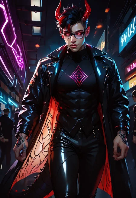 ((score_9, score_8_up, score_7_up,score_9, score_8_up, score_7_up)), (Masculine, Light/tan skin, Toned and 6'5 feet tall:1.4), 24 years old, Handsome face, somber face, perfect face, (((Black hair with neon red highlights))), ((Glowing neon Gold irises)), (Neon Red pupils), (White Sclera), shiny skin, Curley short haircut, ((2 spiral red horns)), (((Demon))), (Large muscle build), gages in ears, Neon tattoos on arms, wild hair, toned hips, ((fit look, large intelligent glasses)), ((Long Blue leather coat, dragon scale coat, black vest, black shirt, black pants)), shiny skin, living room , warm lighting, (no nsfw), lavish bar, stools, alcohol, crowd