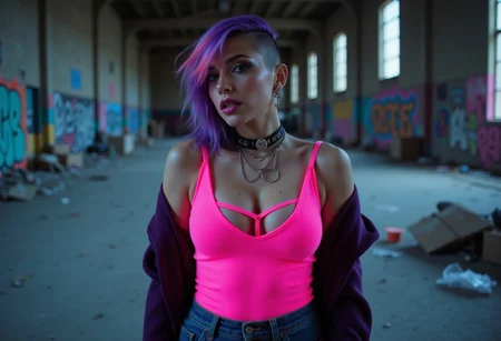 Neonpunk style adult beautiful woman, eyeliner, eyeshadow, makeup, iridescent lips.
Grunge-inspired rebel in an abandoned warehouse, wearing torn jeans and a neon pink tank top, undercut hairstyle with graffiti art in the background, photo by Daido Moriyama, cyberpunk, vaporwave, neon, vibes, vibrant, stunningly beautiful, crisp, detailed, sleek, ultramodern, magenta highlights, dark purple shadows, high contrast, cinematic, ultra detailed, intricate, professional, medium side shaved elegant purple hair with cyan tips and salmon pink highlights, several glamour luxury intricate body accessories.